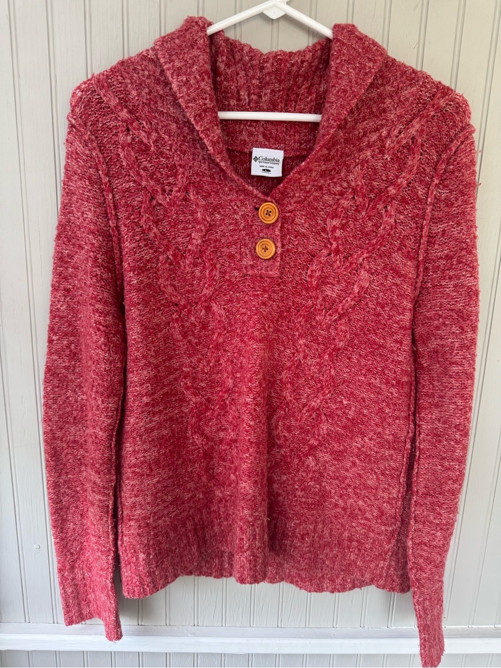 Columbia Red White Cable-Knit Shawl Collar Sweater